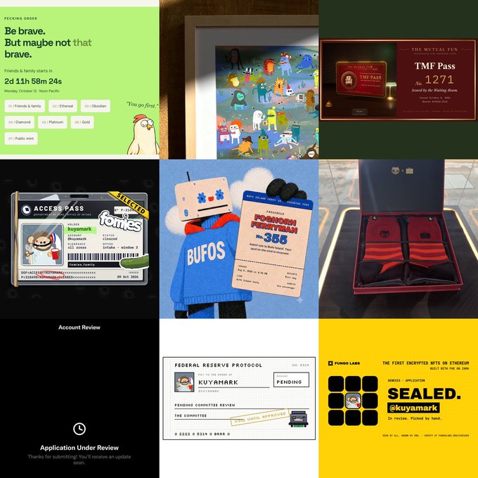 A collage of nine images showcasing various NFT-related designs, including a "Peeking Order" minting page, an "Access Pass," a "Pompkin Punky Pelican #355," and a "Sealed. @kuyamark" NFT.