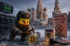A political cartoon depicts a LEGO soldier in winter gear at an ATM showing '15.0%', mining a Bitcoin near St. Basil's Cathedral in Russia, alongside a sign that reads 'MOSCOW MINING BAN' with a Bitcoin ban symbol.