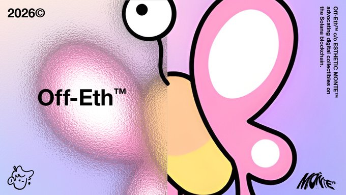 A graphic design featuring the text 'Off-Eth™' and 'OFF-ETH™ CO ESTETICO MONTE™,' blending a pink 3D sphere, cartoon characters, and stylized typography.