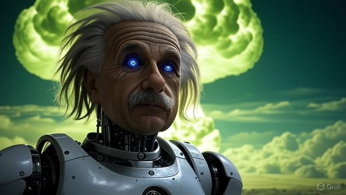 A digital artwork created by Grok depicting Albert Einstein as a cyborg with glowing blue eyes, wild white hair, and mechanical neck components, set against a green cloudy sky.