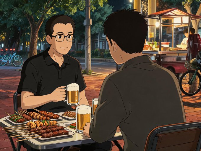 Anime-style illustration of two men enjoying beer and grilled skewers at an outdoor street food cart at night.