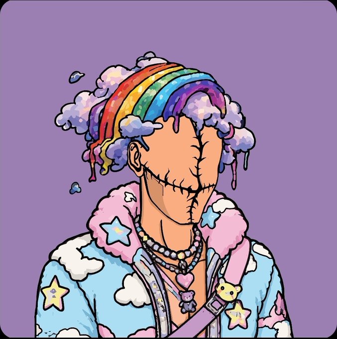A colorful cartoon NFT-style illustration of a figure with rainbow-paint hair dripping down its faceless head, wearing a cloud-patterned hoodie and charms.