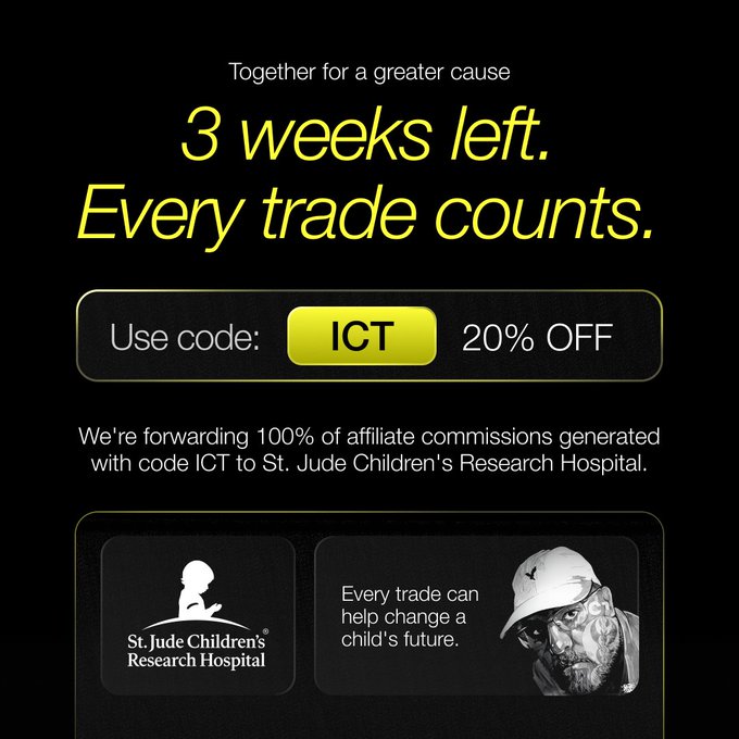 A promotional graphic for a charity trading campaign featuring yellow text on a black background, highlighting "3 weeks left. Every trade counts." with a 20% discount code "ICT" and noting that 100% of affiliate commissions go to St. Jude Children's Research Hospital, which is represented by its logo alongside an image of a tattooed child wearing a cap.