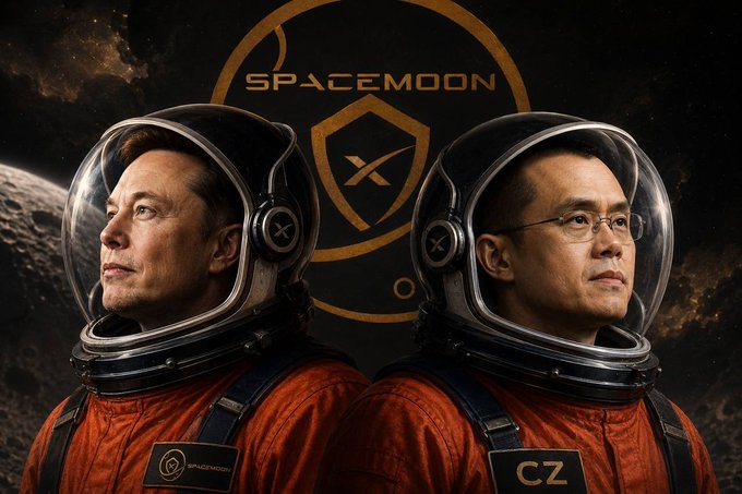 The image features two men dressed as astronauts, both wearing red suits with helmets, standing side by side against a black background that includes a logo for "SPACEMOON" and an image of a planet. The caption below the image reads "#SPACEMOON 洗到1附近了 #BSC #MEME".