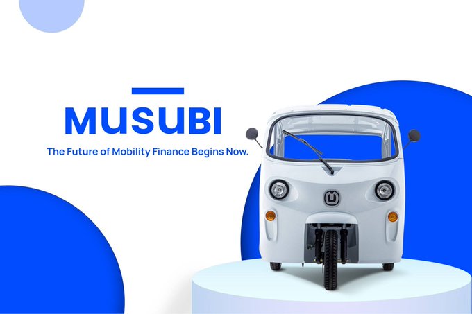 Musubi's branded image features a white three-wheeled mobility vehicle displayed on a light blue pedestal, set against a backdrop of blue and white circular shapes, with the tagline "The Future of Mobility Finance Begins Now." The visual reinforces the caption's message about expanding real-world asset (RWA) tokenization beyond maritime into the mobility sector, illustrating how Musubi is bringing finance innovation to everyday transportation.