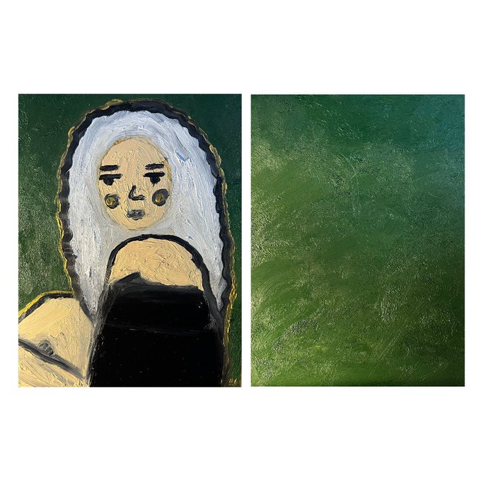 A two-panel oil painting shows a stylized figure with long white hair against a dark green background on the left, paired with a textured solid green canvas on the right, reflecting the "Green thoughts" theme. The piece is a 1/1 edition of 333 tez from 2026.