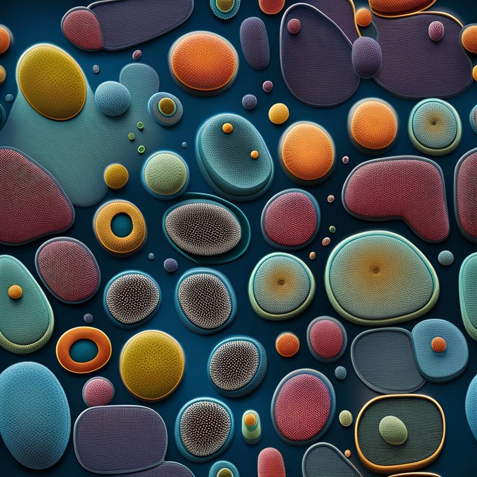 A vibrant abstract composition featuring colorful, textured oval and circular shapes in shades of orange, red, teal, and purple against a dark blue background.