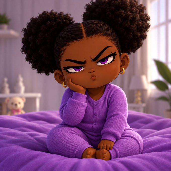 A 3D animated character of a young Black girl with large afro puffs, purple eyes, and a purple sweater, looking grumpy while resting her chin on her hand.