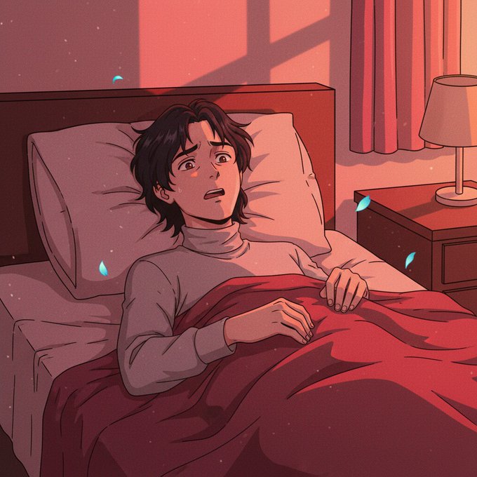 An anime-style illustration of a young person with dark hair lying in bed under a red blanket, looking shocked or startled, with tears floating in the air around them in a dimly lit room.