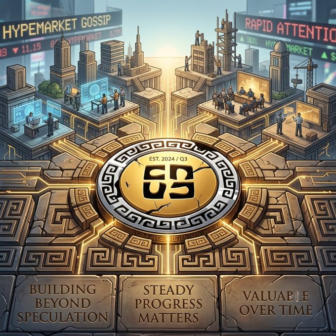 A stylized digital illustration featuring a golden 'S$' coin medallion established 2024/Q3, surrounded by construction workers and skyscrapers, with banners reading 'HYPERMARKET GOSSIP' and 'RAPID ATTENTION', and stone tablets at the bottom inscribed 'BUILDING BEYOND SPECULATION', 'STEADY PROGRESS MATTERS', and 'VALUABLE OVER TIME'.