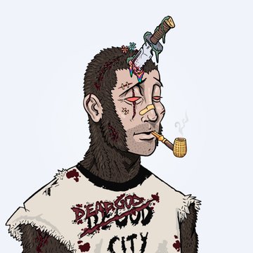 A cartoon drawing shows a monkey-like character with a dagger in its head, smoking a pipe, and wearing a bloody 'DESTROYED CITY' t-shirt.