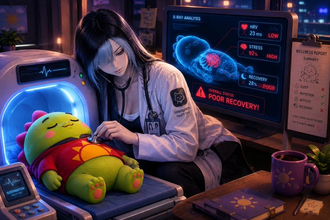 An anime-style illustration of a female doctor or technician examining a green plush dinosaur toy in a high-tech medical scanner, with a monitor displaying X-ray analysis and wellness metrics.