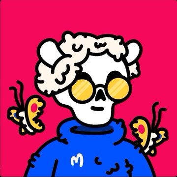 A cartoon-style illustration shows a red-haired character wearing sunglasses in front of a gradient background, with the letter "M" visible on their clothing. The image aligns with the post's reference to "Mixers" by @xrmxart, appearing to be promotional artwork for the upcoming NFT mint.