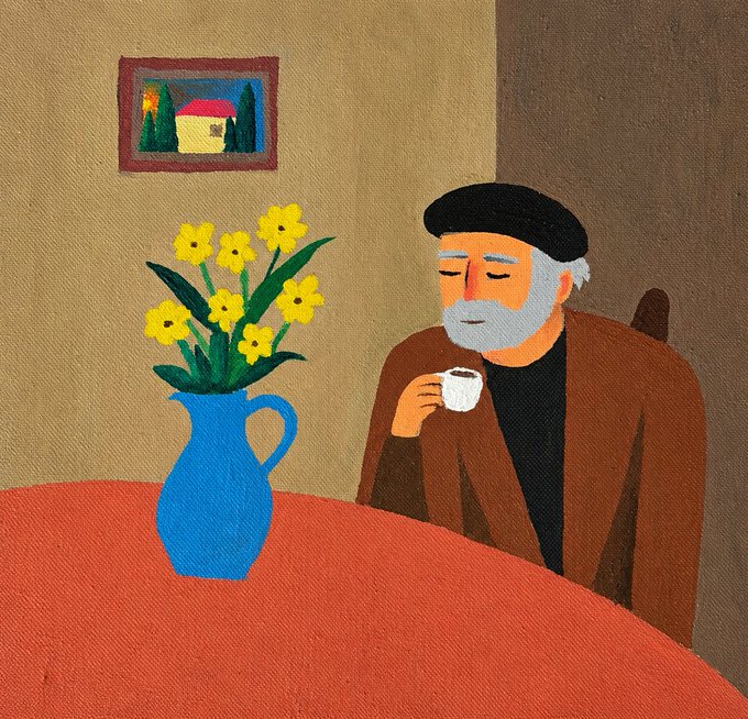 An illustration of an older man with a white beard wearing a beret, sipping from a small white cup at a red table next to a blue pitcher of yellow flowers.