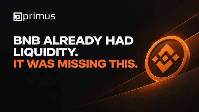 A promotional graphic for 'primus' featuring a glowing BNB coin with the text 'BNB ALREADY HAD LIQUIDITY. IT WAS MISSING THIS.'