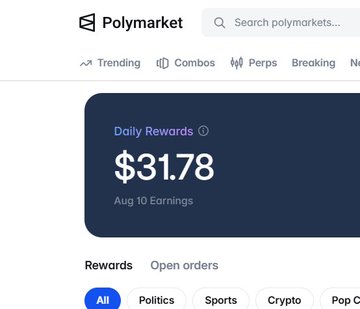A screenshot of the Polymarket platform interface displaying 'Daily Rewards' of '$31.78' for 'Aug 10 Earnings' above category filters for Politics, Sports, and Crypto.