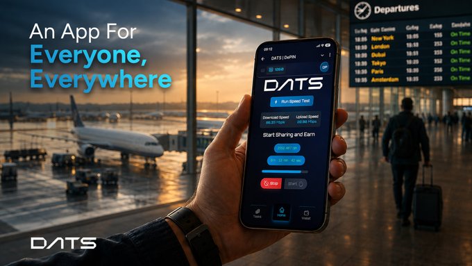 A person holds a smartphone displaying the DATS app interface in an airport terminal, with the bold tagline "An App For Everyone, Everywhere" and a departures board showing flights to destinations like New York, London, Dubai, and Tokyo in the background, illustrating how the DATS Telegram Mini App allows users to stay connected and earn points even while traveling.