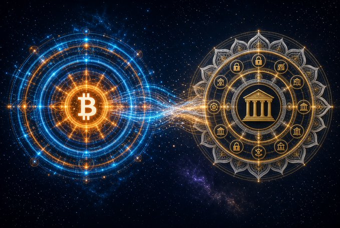 The image depicts a cosmic-style visual showing Bitcoin's "B" symbol on the left within a glowing blue and orange tech-style circle, connected by flowing energy streams to an ornate mandala on the right featuring a central bank building surrounded by icons of padlocks, dollar signs, and financial institutions—symbolizing the integration of Bitcoin's scaling technology (Teranode, Overlays, and SPV) with the BIS Project Mandala's programmable central banking framework.