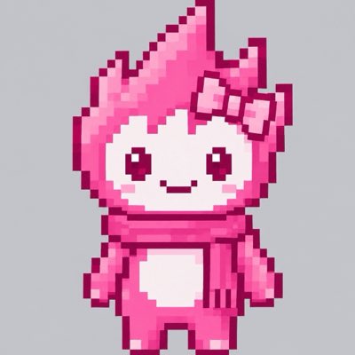 A pixel art character of a cute pink creature with a bow on its head, set against a light blue background.