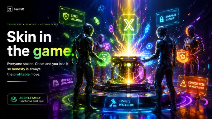 A promotional graphic for TermiX titled 'Skin in the game.' describes a staking accountability platform with 'TRUSTLESS • STAKING • ACCOUNTABLE' tagline, showing armored figures around a glowing central pillar with labels including 'STAKE COLLATERAL,' 'ONCHAIN ESCROW,' and 'CONSEQUENCES FOR MISBEHAVIOR.'