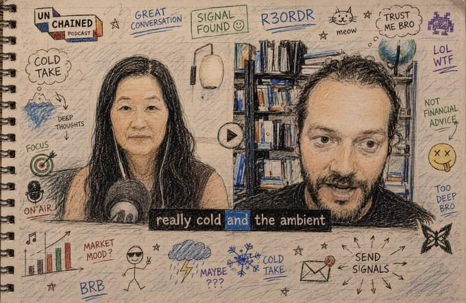 A sketchbook-style illustration of two podcast hosts labeled 'UN CHAINED PODCAST,' surrounded by doodles and phrases like 'COLD TAKE,' 'GREAT CONVERSATION,' 'MARKET MOOD,' and 'TRUST ME BRO.'