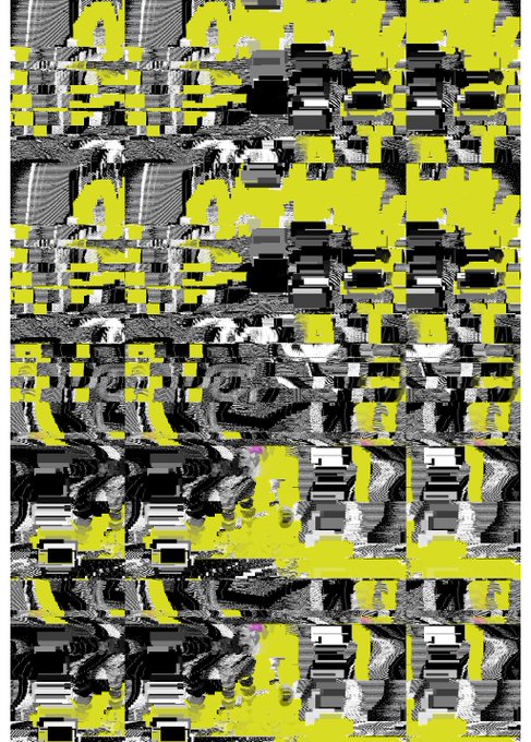 A heavily distorted, glitched image with repeating patterns in high-contrast yellow, black, and white, appearing as a digital artifact.