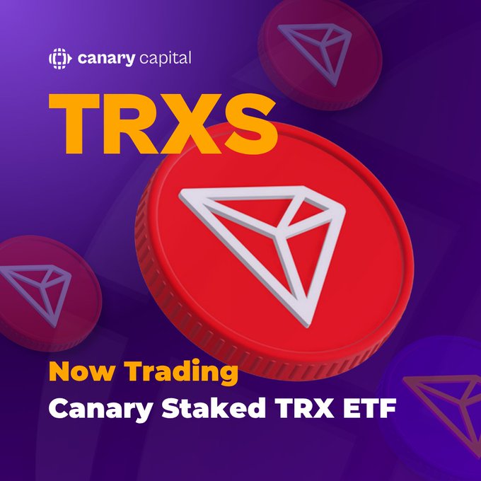 A purple graphic advertising 'TRXS' by Canary Capital, showing a red TRON token coin with the text 'Now Trading: Canary Staked TRX ETF'.