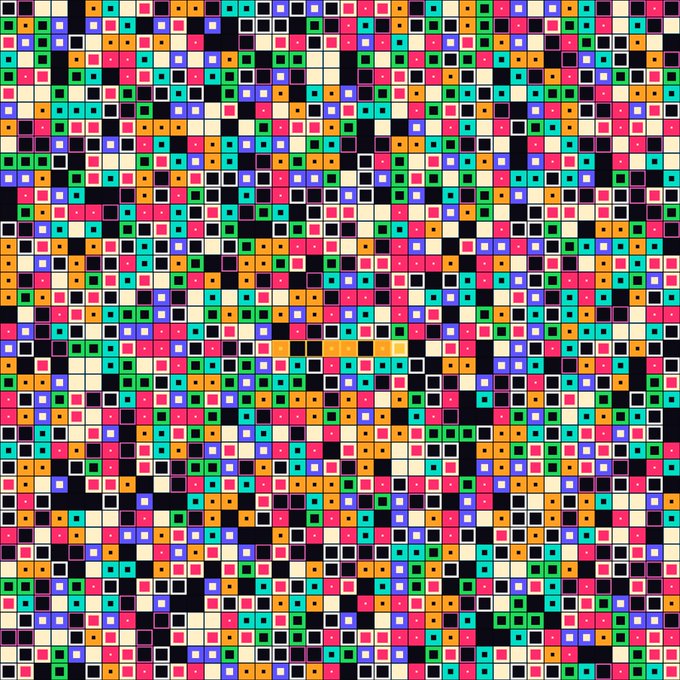 A vibrant geometric pattern composed of multicolored squares with smaller contrasting squares and dots inside, creating a repetitive mosaic-like design.