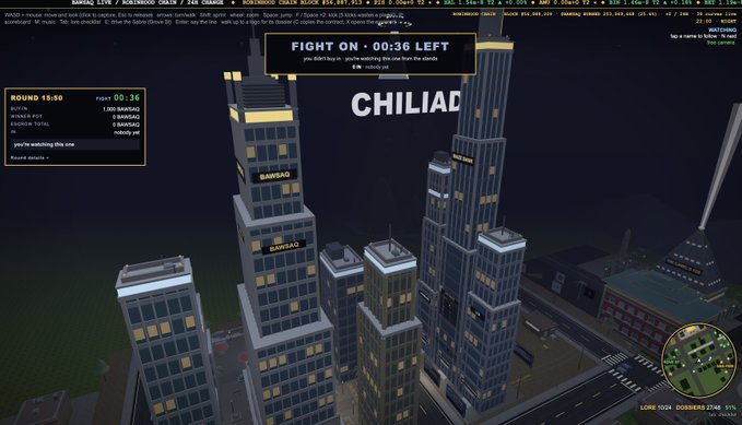 A city-building or simulation game interface showing skyscrapers with signs reading "BAWSAG", a banner stating "FIGHT ON - 00:36 LEFT" and "CHILIAD", and a mini-map in the bottom right corner.