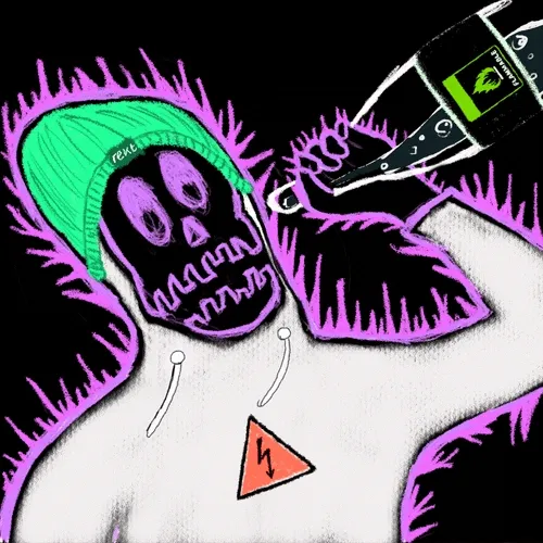 A sketchy, neon-outlined drawing of a character in a green beanie drinking from a bottle that displays a green screen with the word "POWER".
