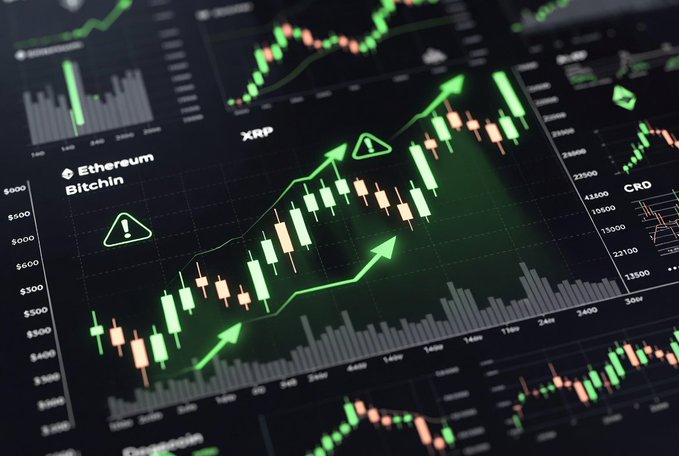 A dark-themed financial chart displaying candlestick patterns with green upward arrows and warning triangles for Ethereum and Bitcoin price movements.