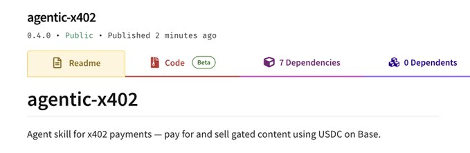 A GitHub repository page titled "agentic-x402" with version 0.4.0, described as an agent skill for x402 payments to pay for and sell gated content using USDC on Base.