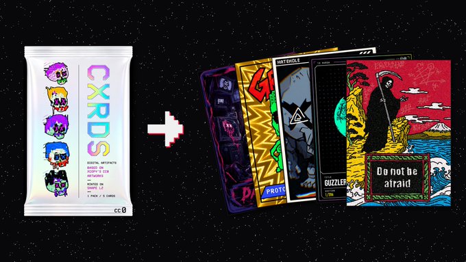 The image shows a white "CXRDS" branded pack on the left featuring pixelated skull characters and text reading "DIGITAL ARTISTS DIGITS ACCEPT CRY ACCEPT BOUND TO SUPPLY 1/5 PRINT 2 C/CHAIN," a white plus sign, and a fanned display of colorful trading cards on the right including titles like "PROTOTYPE," "BOY ENOCH," "GRIZZLER," and "Do not be afraid." This promotional graphic advertises the upcoming CXRDS NFT mint, a collaboration with XCOPYART featuring 251 reimagined artwork cards across 3,115 blind packs of five cards each.