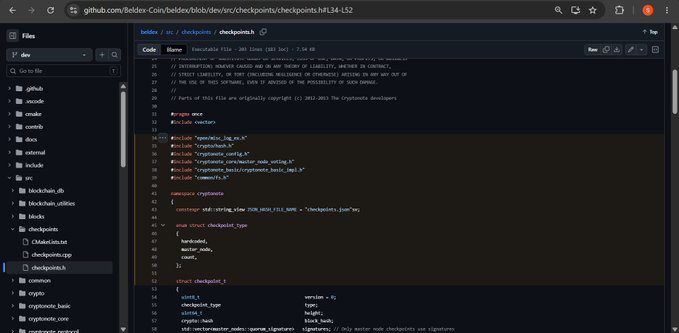 A screenshot of a GitHub repository page showing Erlang source code for a file named 'checkpoints.h' in the Beldex-Coin/beldex-blockchain repository, with the file path 'beldex/src/checkpoints/checkpoints.h#L34-L52' visible in the URL bar.