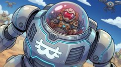 The image features a robot with a helmet and a large screen displaying Bitcoin symbols. The robot appears to be driving through a desert landscape under a blue sky dotted with clouds. In the background, there are other robots scattered across the scene.