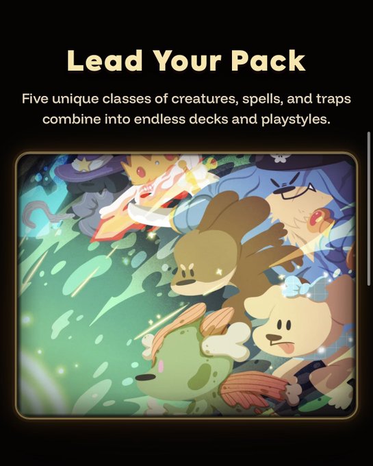 Promotional graphic titled "Lead Your Pack" with subtitle "Five unique classes of creatures, spells, and traps combine into endless decks and playstyles," featuring a colorful illustration of chibi-style creature characters charging forward.