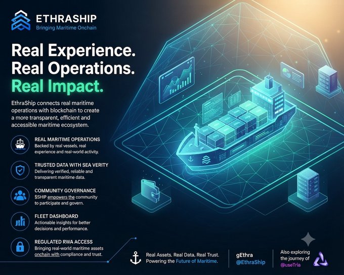 A promotional banner for ETHRASHIP ('Bringing Maritime Onchain') with the tagline 'Real Experience. Real Operations. Real Impact,' featuring an isometric illustration of a container ship.