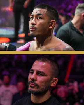 The image shows two fighters side by side—a fighter on top looking upward and to the right, and another fighter below with a shaved head and beard, both appearing to be in an arena setting with a purple-hued crowd in the background, capturing the staredown moment between them at #CryptoCom for #UFC331.