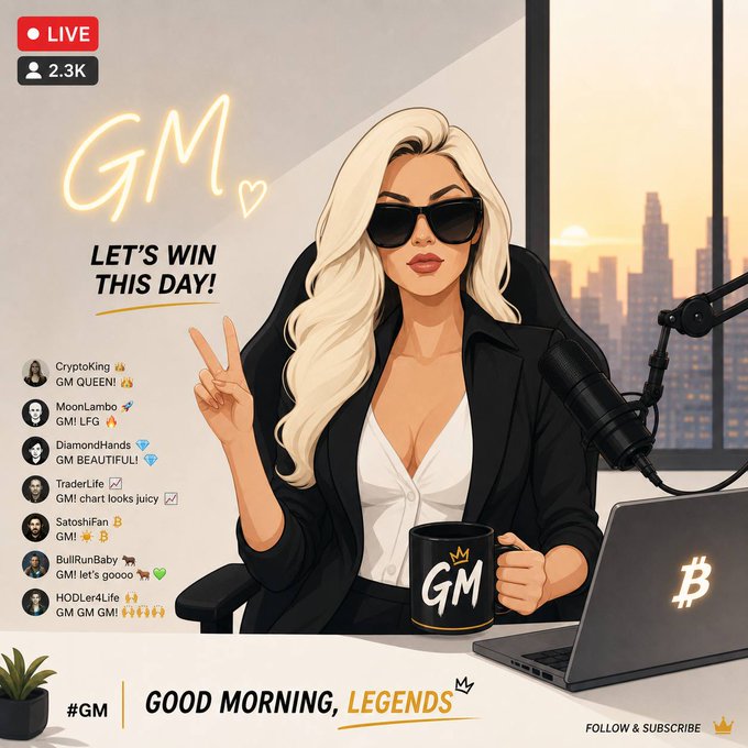 An illustration of a blonde woman streaming a 'LIVE' show with 'LET'S WIN THIS DAY!' text, a 'GM' mug, and a chat displaying messages like 'GMI QUEEN!' and 'GMI!'.