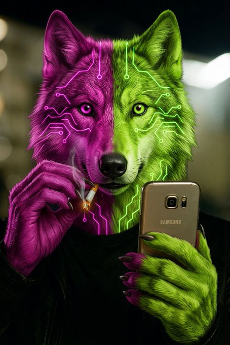 A stylized digital artwork of a wolf-like figure split into two colors—magenta on the left and green on the right—with glowing circuit board patterns on its face, holding a cigarette in one hand and a gold Samsung smartphone in the other.