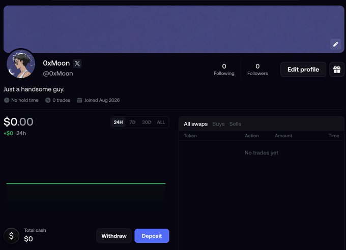 A crypto wallet profile page for user '0xMoon' (@0xMoon) showing $0.00 balance with 'No trades yet' and joined in Aug 2026.
