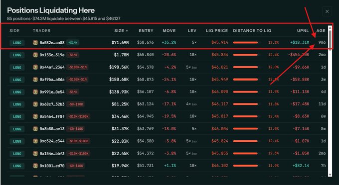 The image shows a "Positions Liquidating Here" dashboard highlighting 85 long positions totaling $74.3M set to liquidate between $45.815 and $46.127, with the top trader (0x882e…ca88) holding a $71.69M long position on $HYPE with a $38.676 entry price, 5x leverage, and currently sitting at +$18.31M in unrealized profit. The red arrow specifically points to the 9-month age of this trader's position, illustrating the post's point about a long-term HYPE holder with significant unrealized gains.