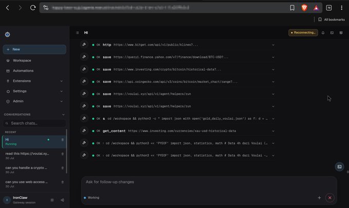 Screenshot of a browser automation interface (similar to Replit) executing multiple web save and Python commands for cryptocurrency data scraping from sites like Bitget, Yahoo Finance, and Investing.com.