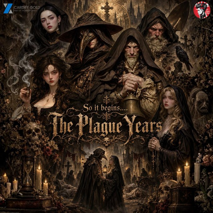 A dark, gothic-themed promotional artwork titled "The Plague Years" with the subtitle "So it begins...." features hooded and cloaked figures, candles, and skulls, with a "YZ CARDIFIK GOLD" logo in the corner.