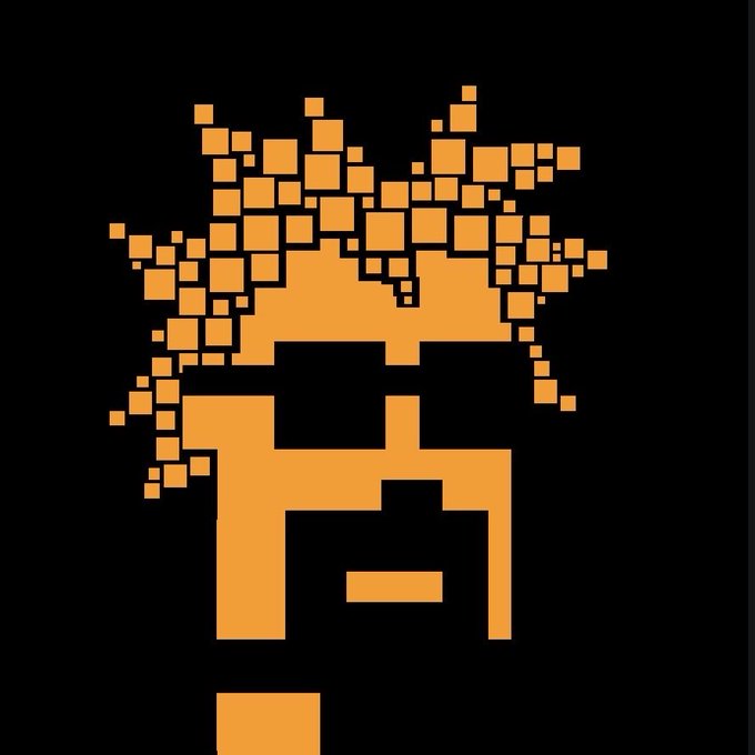 An orange pixelated graphic on a black background that appears to be dissolving into smaller squares, with Chinese-style geometric shapes.