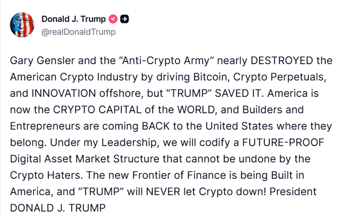 The image features a white background with black text written on top, including an advertisement for Donald Trump's campaign called "The New Frontier of Finance" which includes a statement about Bitcoin. This advertisement suggests that the Trump Administration could play a significant role in the rise or fall of Bitcoin as it is being promoted as a way to create a new frontiers of financial markets. The text on the post indicates that the cryptocurrency market has experienced a substantial drop, with Bitcoin valued at $60,000 today and potentially going back to $180,000 within the next 24 hours.