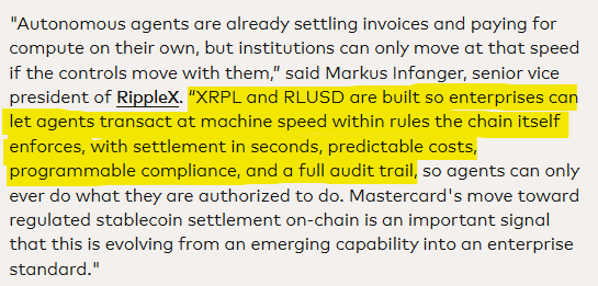 The image shows a text box with yellow background, containing information about Ripple XRP and its relation to Mastercard. The text explains that Ripple XRPL is built for enterprises so they can let agents transfer data at machine speed within rules, predictable costs, and a full audit trail. This allows them to control their own compliance and ensure the security of their transactions.