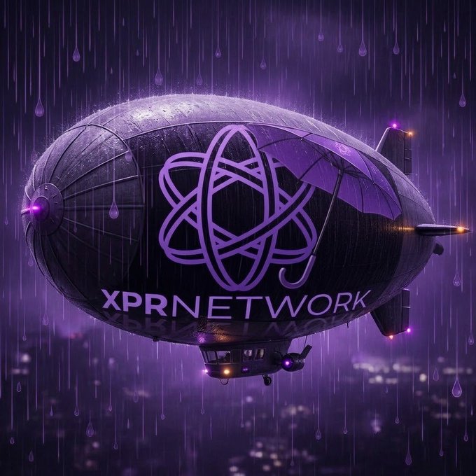 A purple-hued airship/blimp with "XPRNETWORK" branding flying through rain.