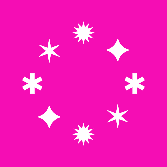 A bright pink graphic featuring a circular arrangement of white star and sparkle shapes.