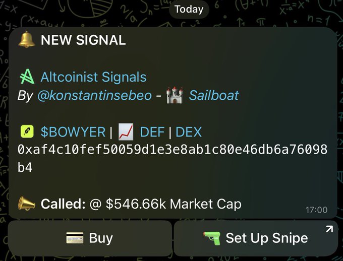 A dark-themed "New Signal" notification from Altcoinist Signals by @konstantinsebeo flags a trading alert for $BOWYER (DEF) on DEX, called at a $546.66k market cap at 17:00, complete with "Buy" and "Set Up Snipe" buttons. This corresponds to the post celebrating a 2x/20x win and highlighting that $BOWYER was launched by a Robinhood dev on @virtuals_io.
